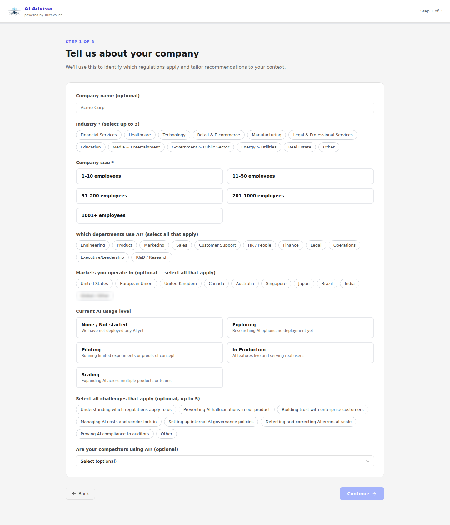 TruthVouch AI Maturity Assessment intake form with category scoring