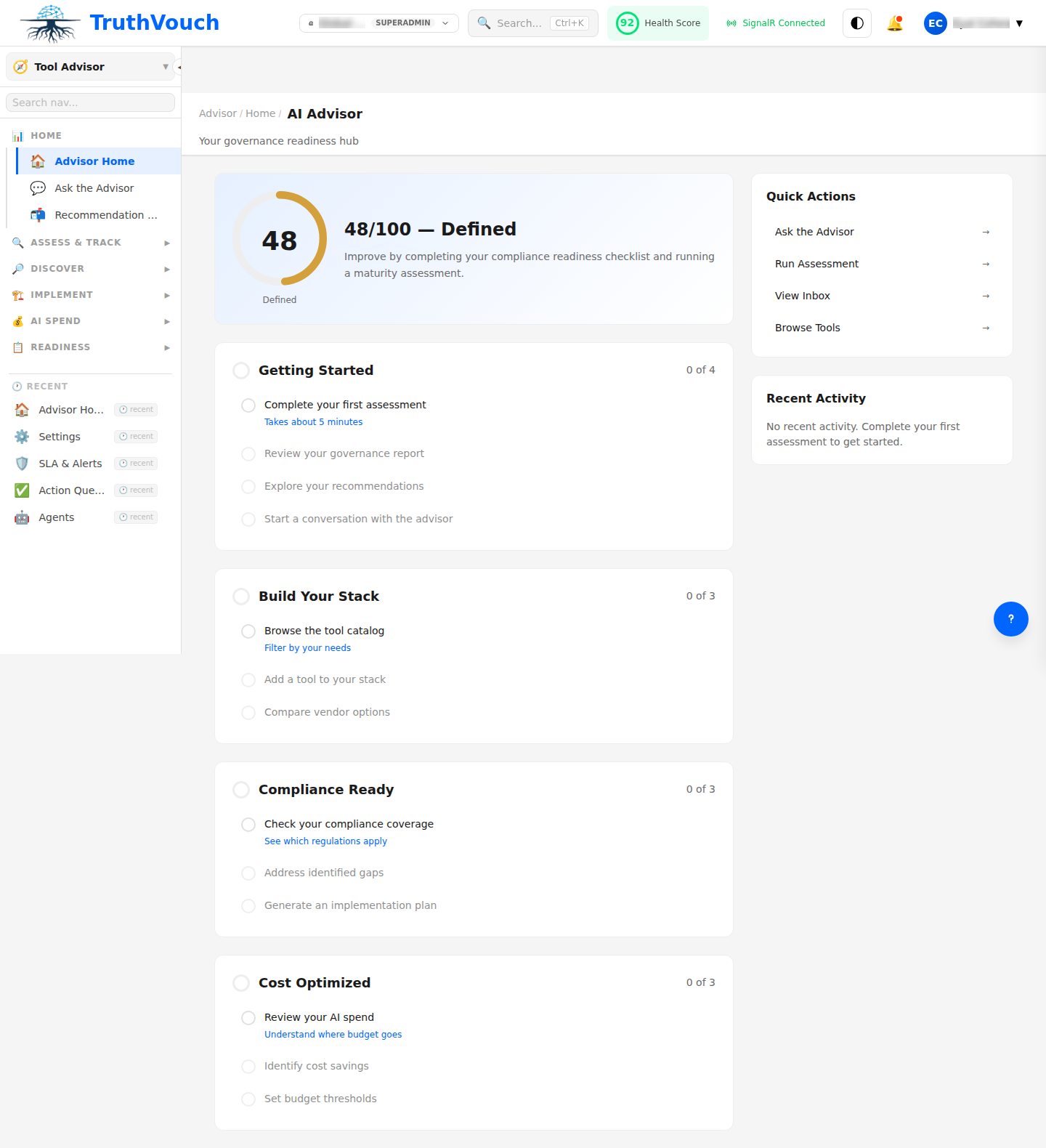 AI Advisor main dashboard