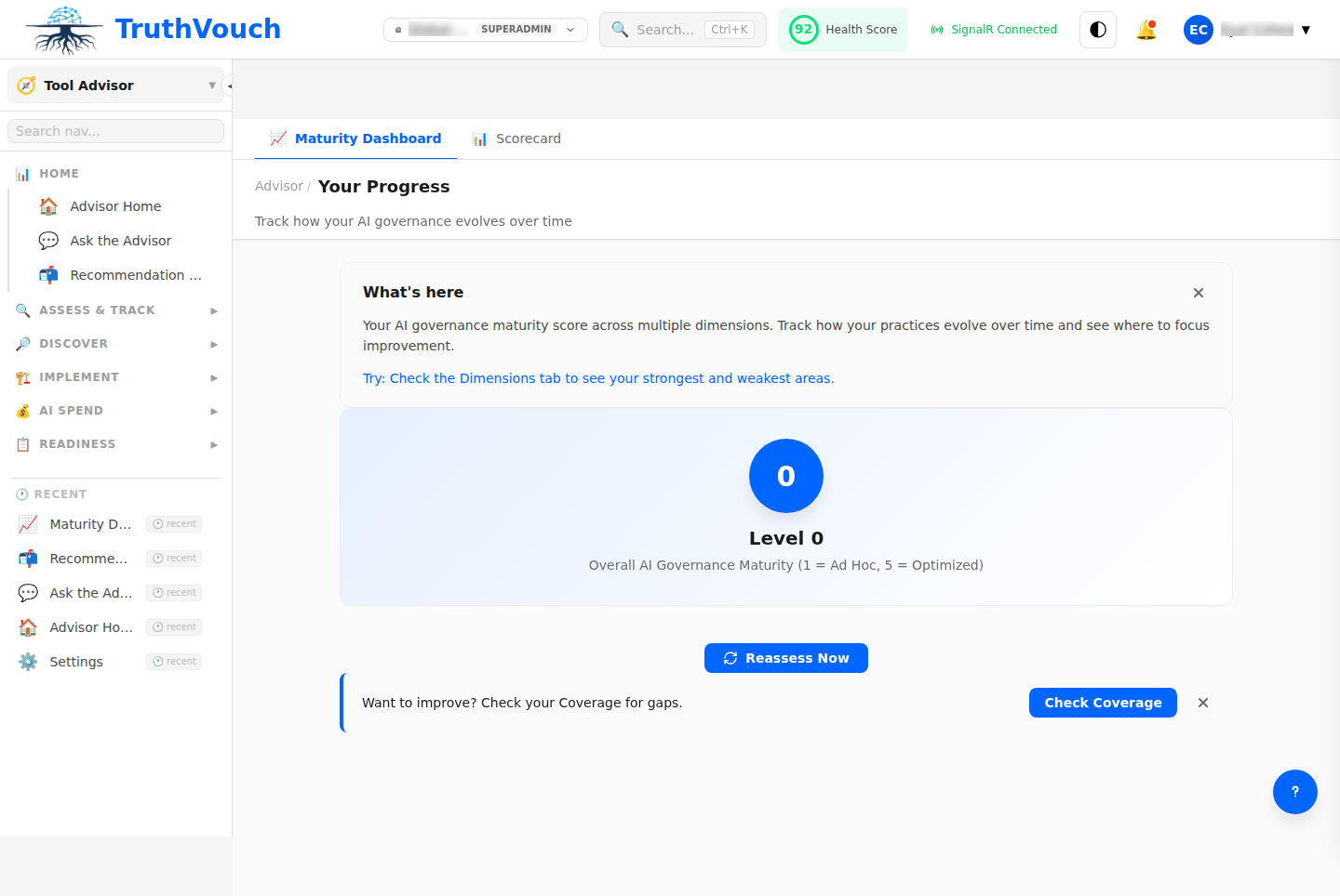 AI Advisor maturity score dashboard showing scores by category and overall maturity level