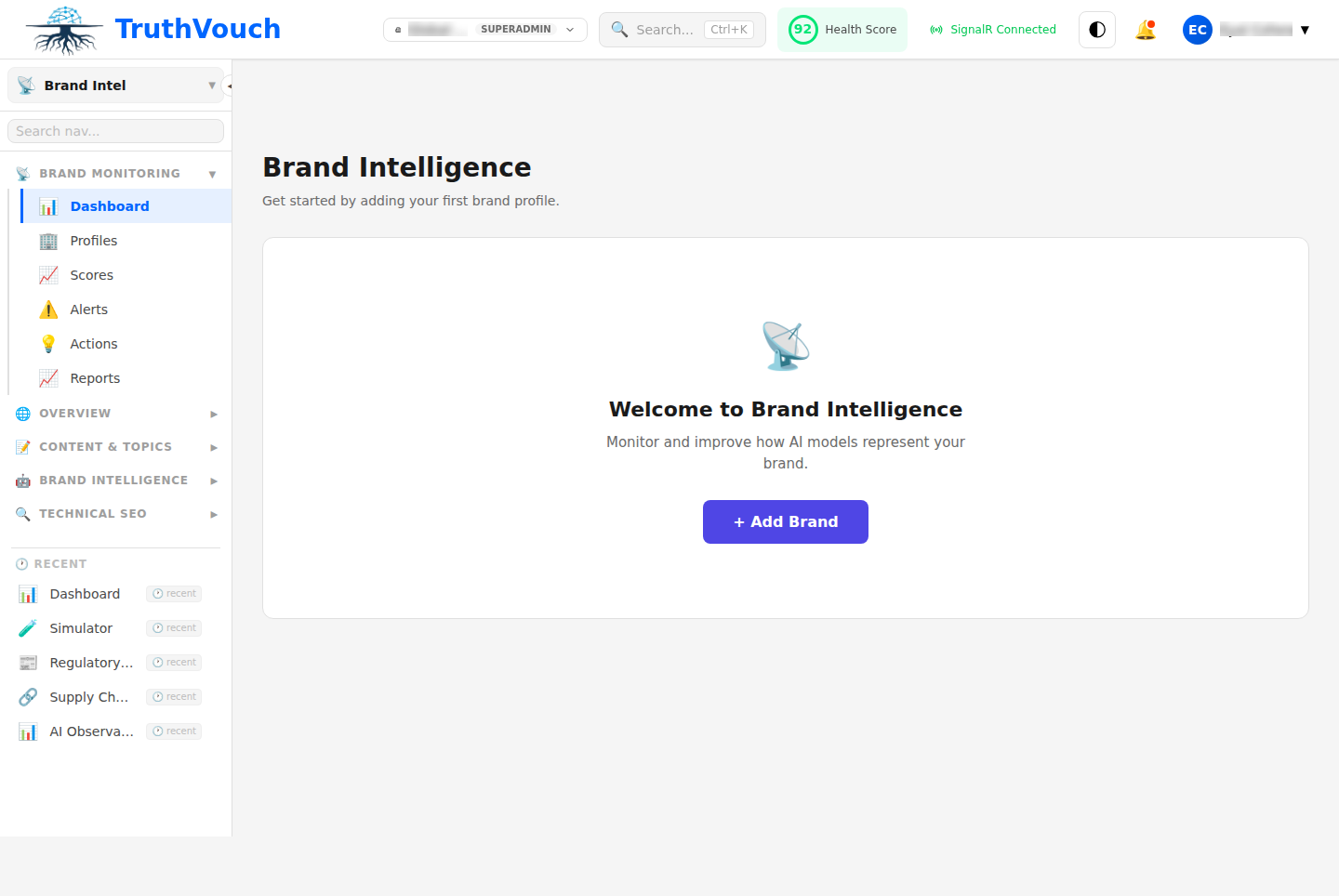 Brand Intelligence monitoring dashboard showing active monitoring across AI platforms
