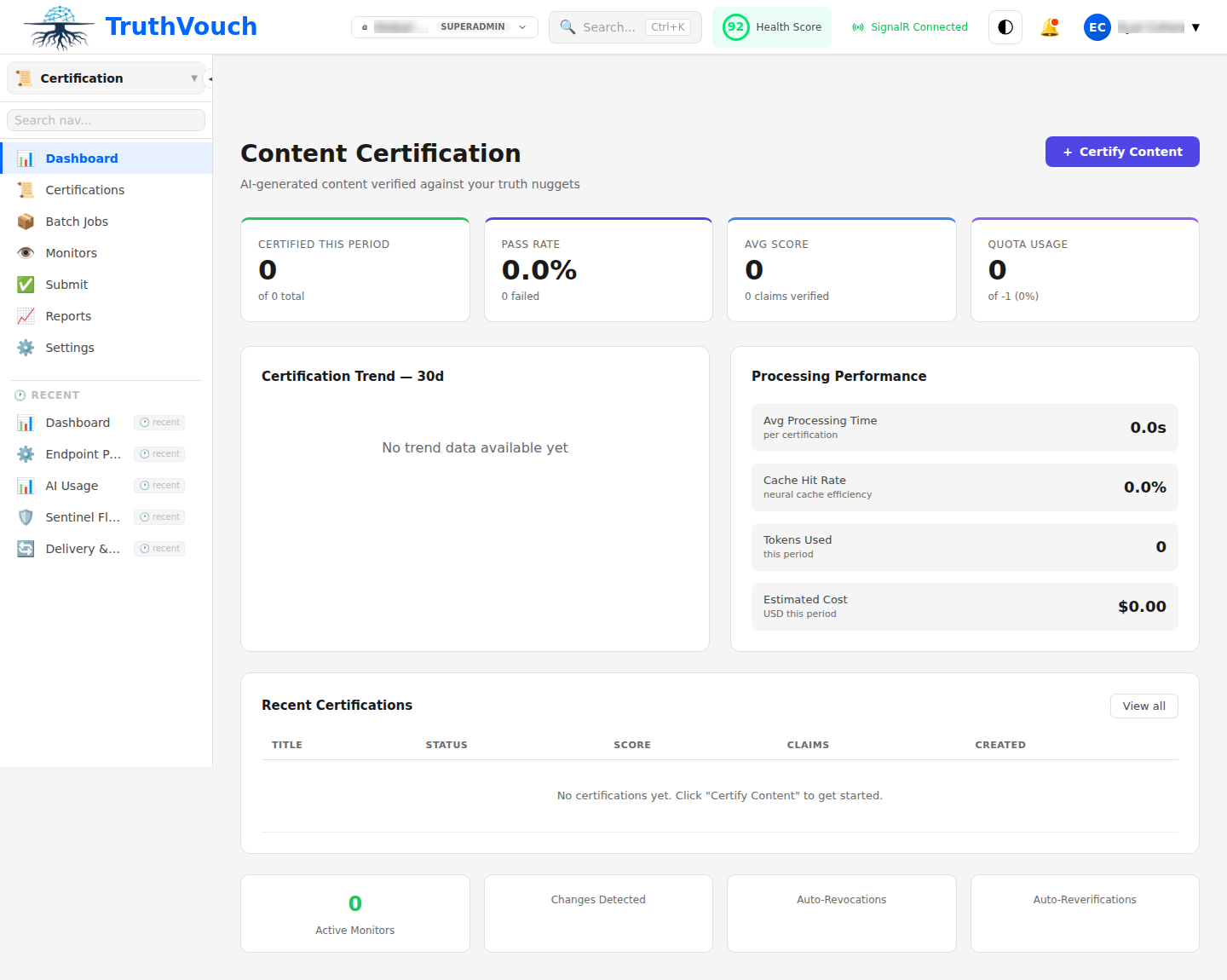 Content Certification main dashboard