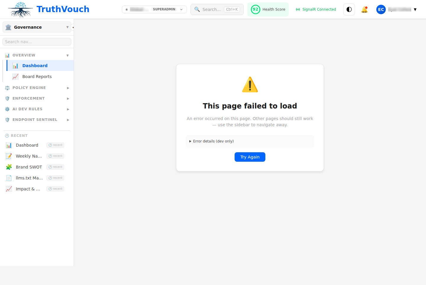 AI Governance main dashboard