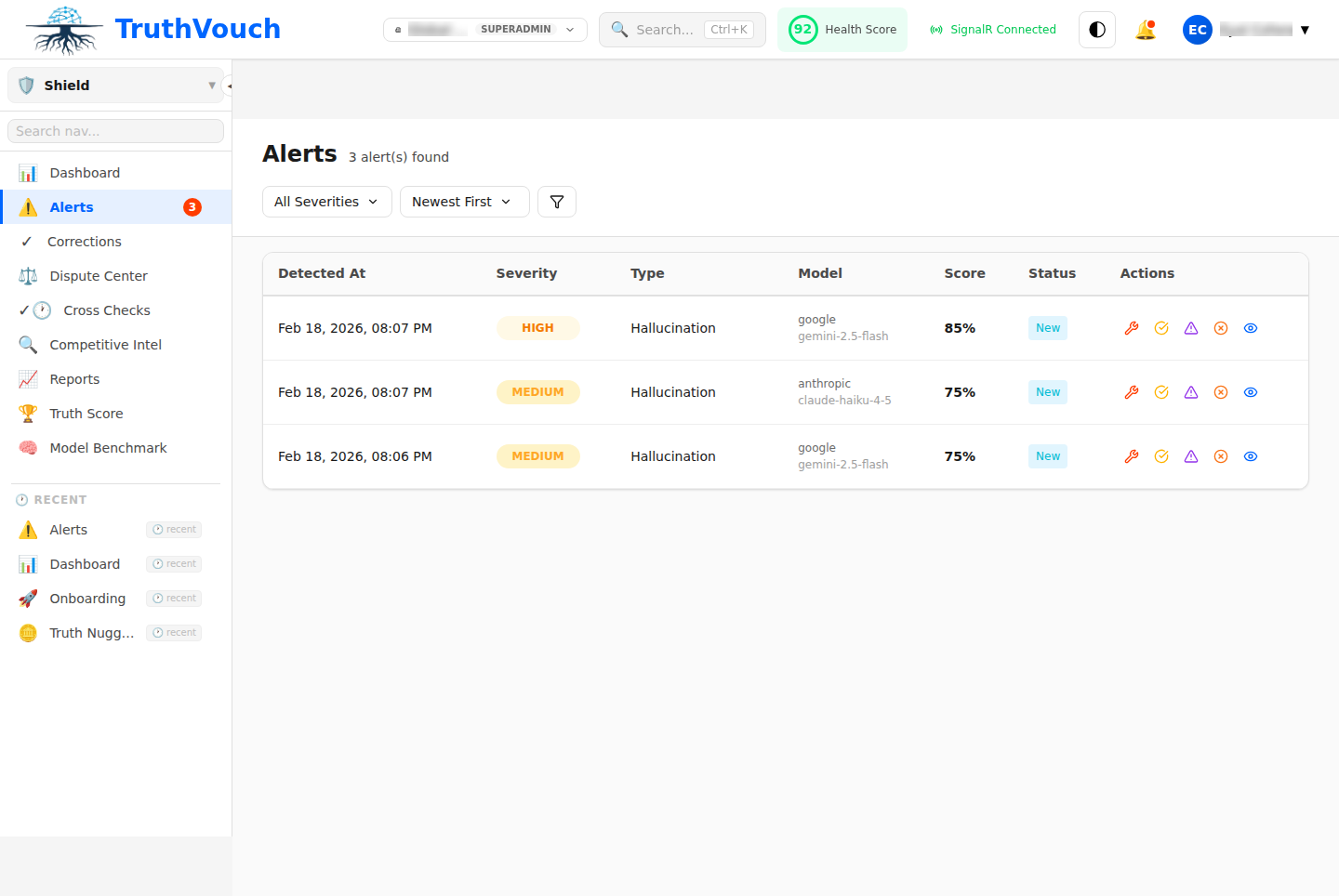 Hallucination Shield alerts list showing detected inaccuracies