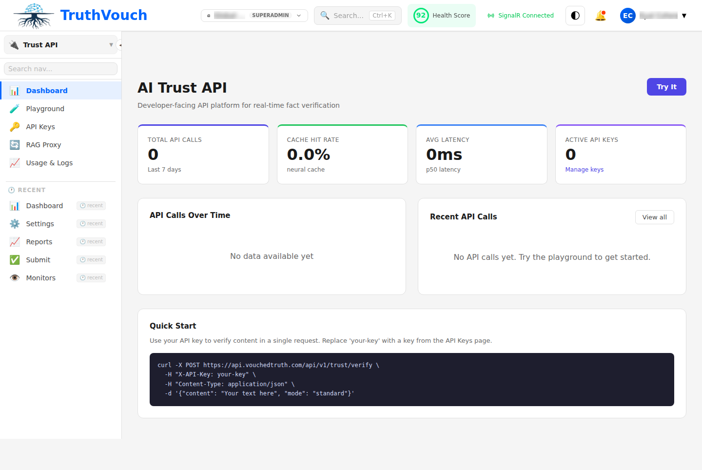 Trust API dashboard showing usage metrics and API key management