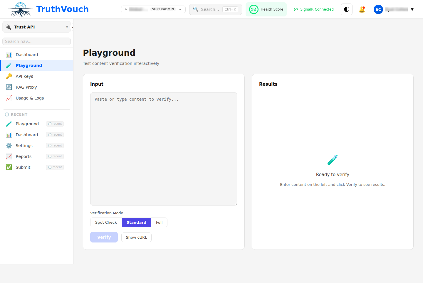 Trust API interactive playground for testing verification requests