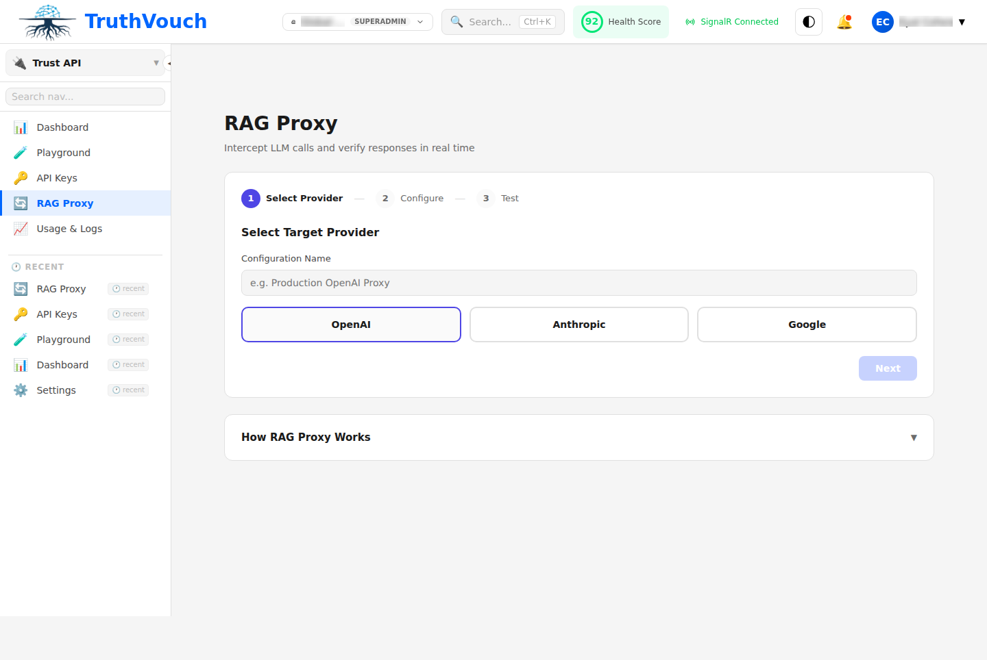 TruthVouch RAG Proxy configuration dashboard